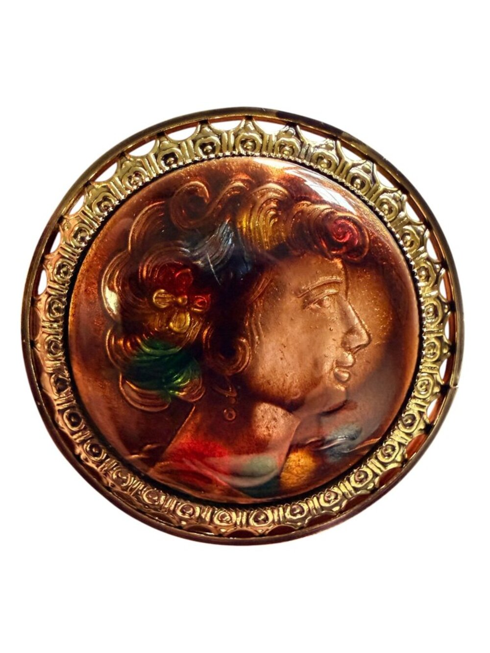 Vintage 1950s Reverse Carved Lucite Renaissance Lady Brooch New Old Stock